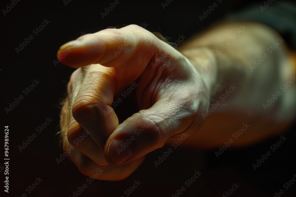 Poster a person's hand holding an object in their right hand, with a clear view of the held item