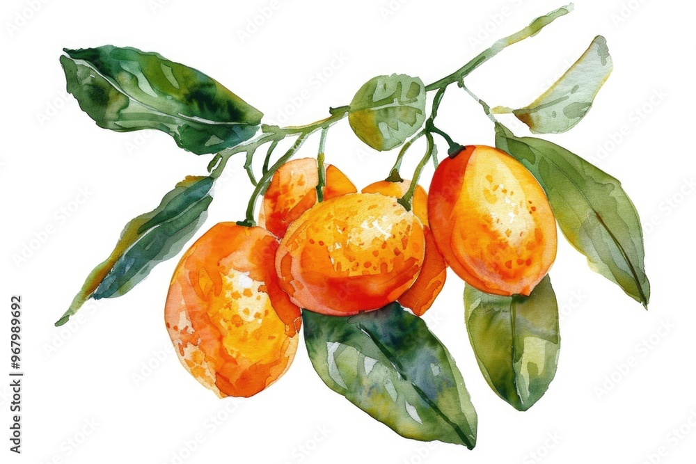 Poster a still life image of oranges hanging from a branch with lush green leaves