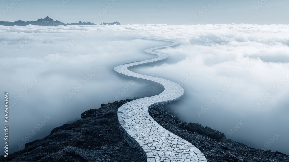 Aufkleber clear path amidst clouds: a winding path leading through misty clouds, but with each step clearly de
