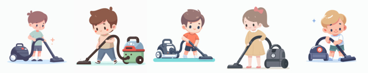 vector set of little boy using vacuum cleaner