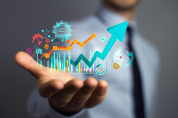 Productivity concept, Businessman hand with productivity icon for industrial management in efficiency and efficient process, growth, chart, hologram, Ai generated