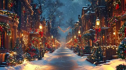A magical Christmas evening in a cozy town with snow falling and houses decorated with lights. - Powered by Adobe