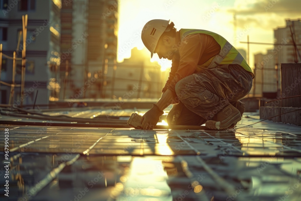 Poster A construction worker in action at a busy building site
