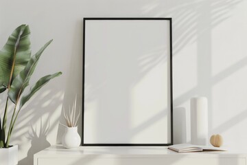 A minimalist bathroom with a stylish mirror and plant accents.