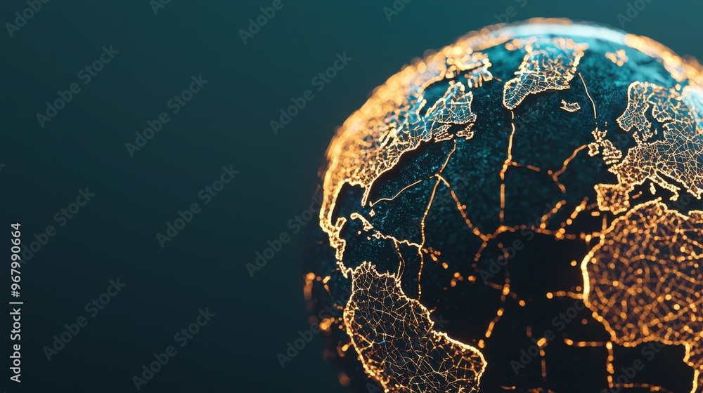 Poster collapsed trade routes in a fractured world: an abstract globe made up of broken lines and paths tha