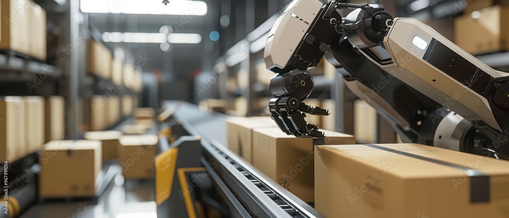 Aufkleber a robotic arm efficiently sorting packages in a modern warehouse, showcasing automation and advanced