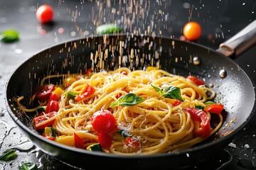 A close-up of pasta, tomatoes, and salt being sprinkled on top