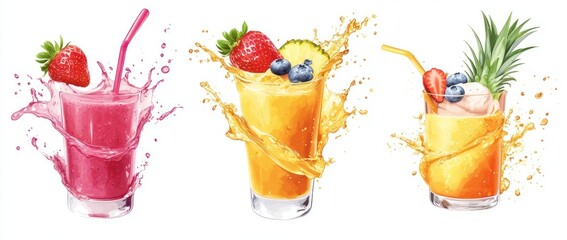 Three Glasses of Colorful Smoothies with Splashing Fruits