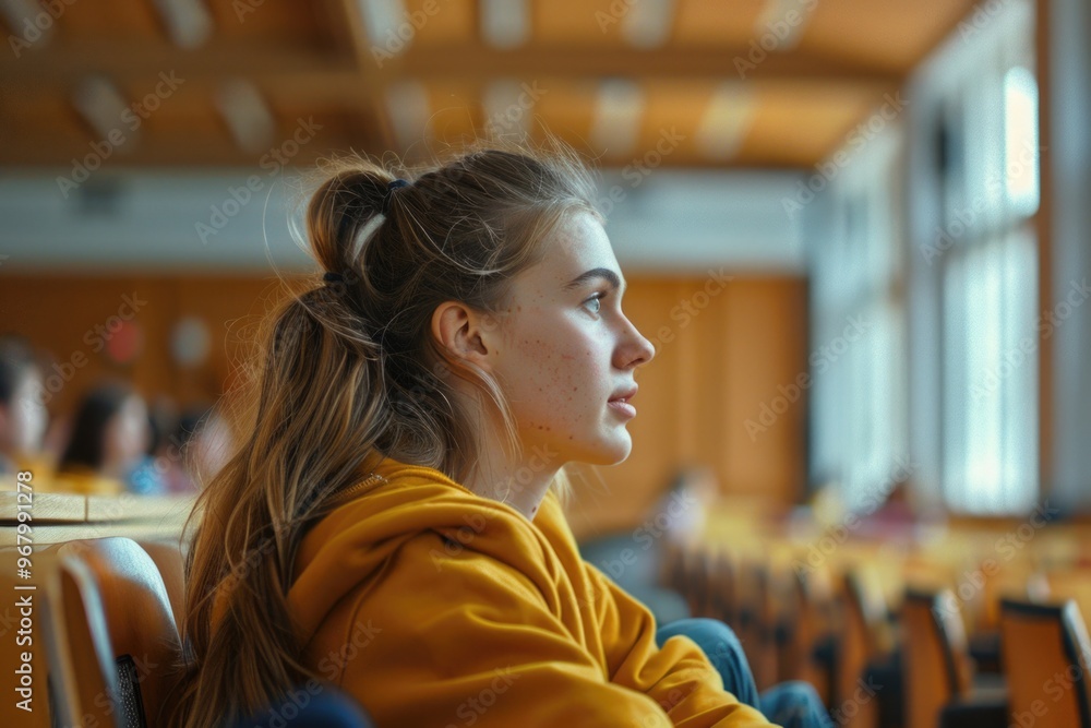 Aufkleber A student sitting in a lecture hall looks out the window, possibly lost in thought