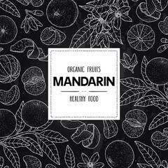 Vector chalkboard frame mandarin or tangerine. Organic citrus plant drawing with whole mandarin, slices, halves and branch. Natural botanical line art illustration. Template for food product label