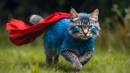 Felidae species running across grass with electric blue fur and a red cape