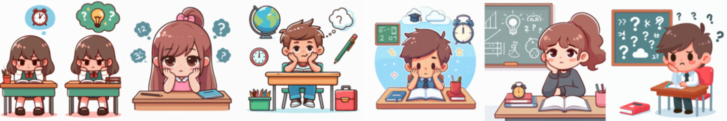 vector set of little kids feeling bored at school