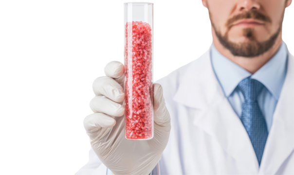 Scientist in a lab coat holds a test tube filled with red granules, examining the sample with a serious expression, cutout, png