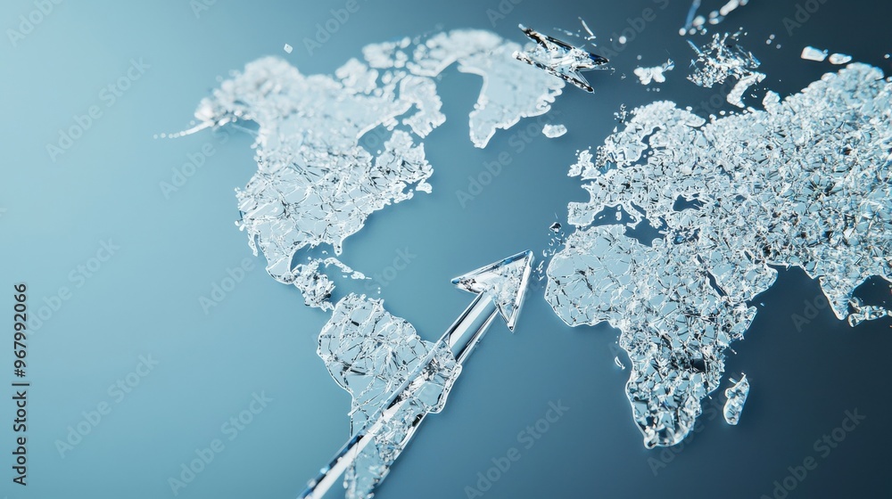 Poster cracked global map with broken arrows: a world map made of fragile glass, with arrows pointing outwa