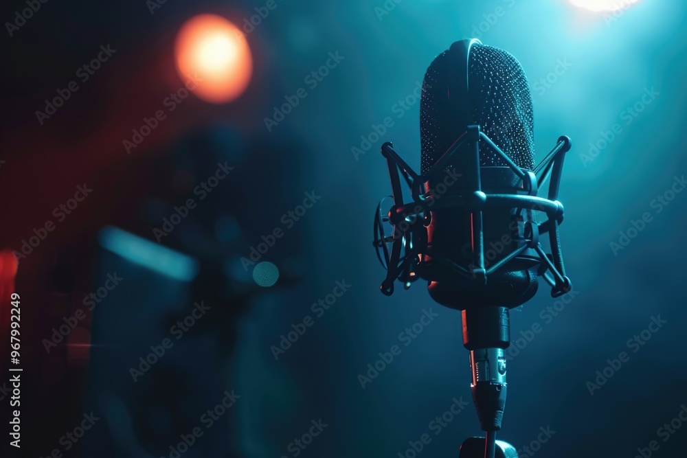 Poster a microphone with a bright red light shining in the background, suitable for use in music, recording
