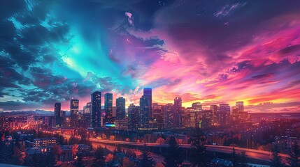 Obraz premium A city skyline is lit up at night with a beautiful sunset in the background. The sky is filled with a variety of colors, including blue, purple, and pink. The cityscape is bustling with activity