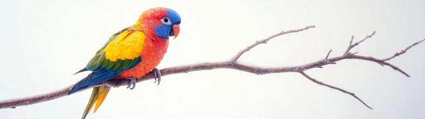 Obraz premium Vibrant Parrot on Branch, a full-body portrait showcasing a colorful parrot perched gracefully on a branch against a clean, white backdrop, highlighting its striking plumage.