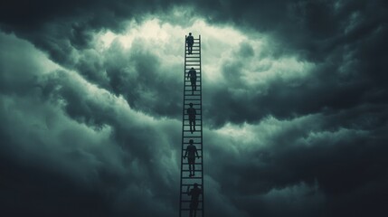Cracking Corporate Ladder: A corporate ladder reaching up into the sky, but as it ascends, the rungs begin to break and crumble