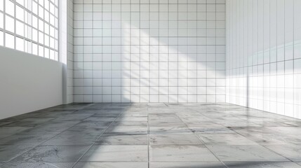 Obraz premium Perspective of room with white ceramic tile wall and cement floor.