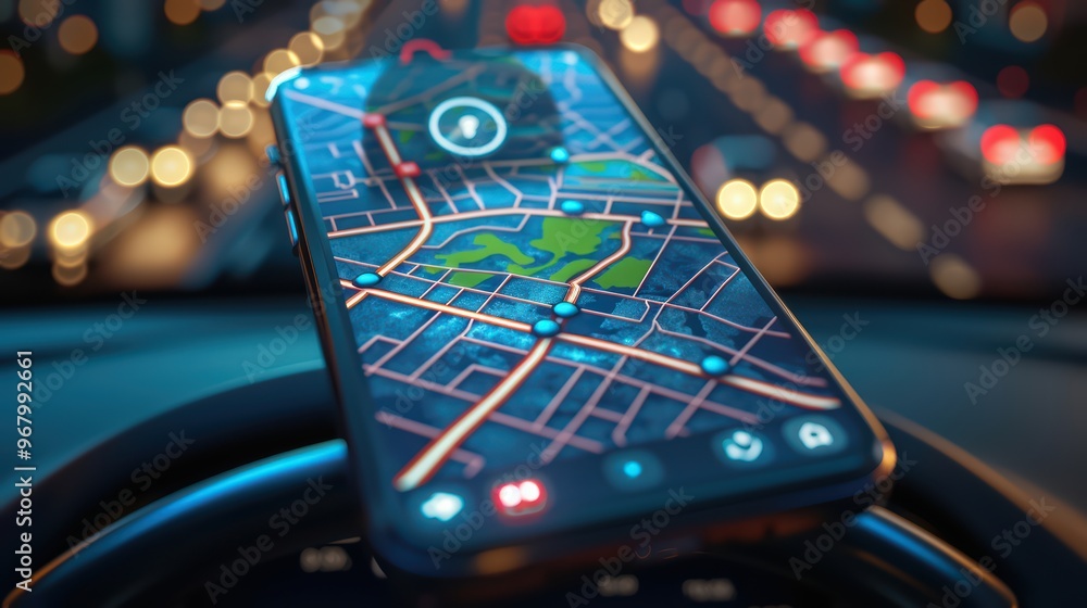 Poster a smartphone displaying a detailed map while parked in a vibrant urban setting, showcasing modern na