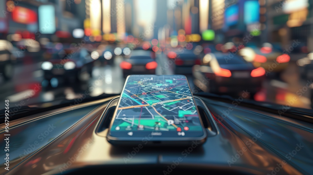 Poster a smartphone displaying a map is placed on a vehicle dashboard, capturing the urban traffic scene in