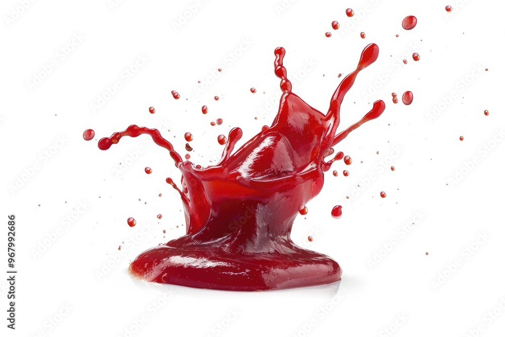 Poster a close-up shot of a red liquid splashing on a white surface, with a lot of movement and energy