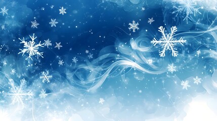 Abstract background with snowflakes and swirls on a blue color palette, vector illustration