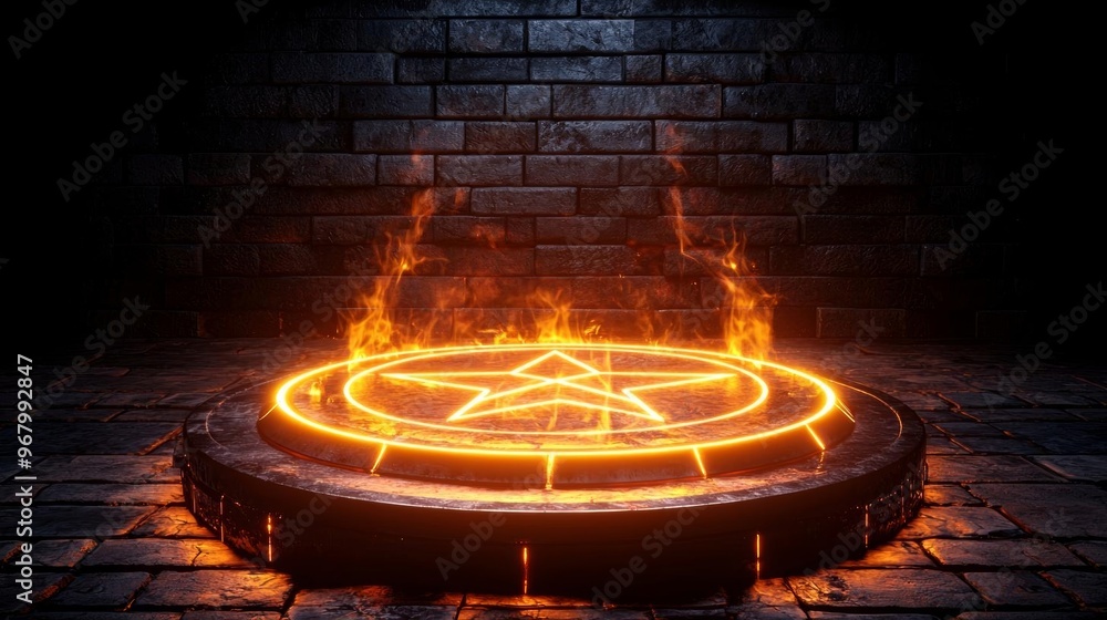 Wall mural a wooden podium with a mysterious, glowing pentagram carved into its surface