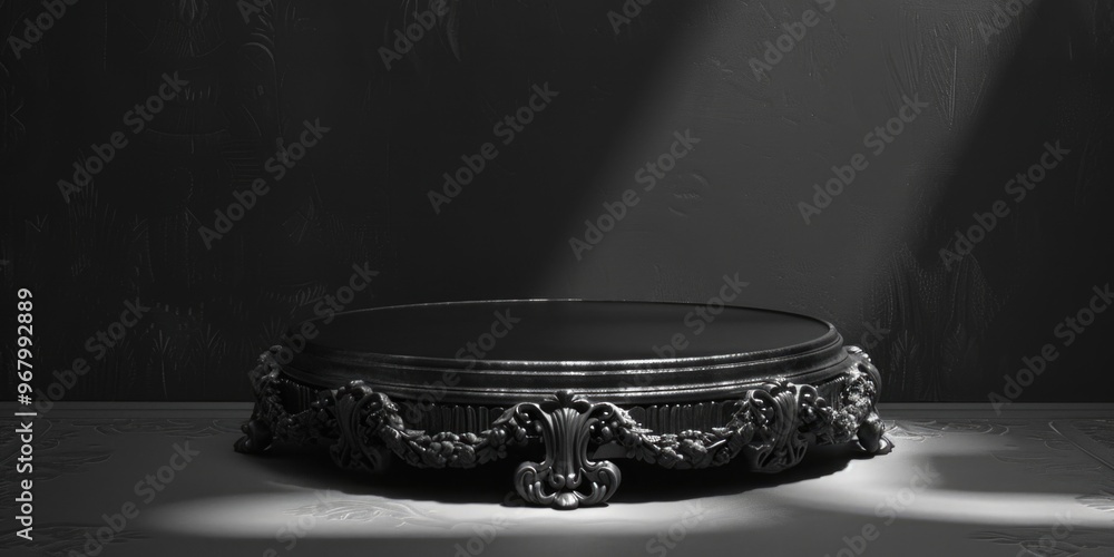 Poster the image features a circular table with ornate designs, crafted from gray stone. its brass inlays a