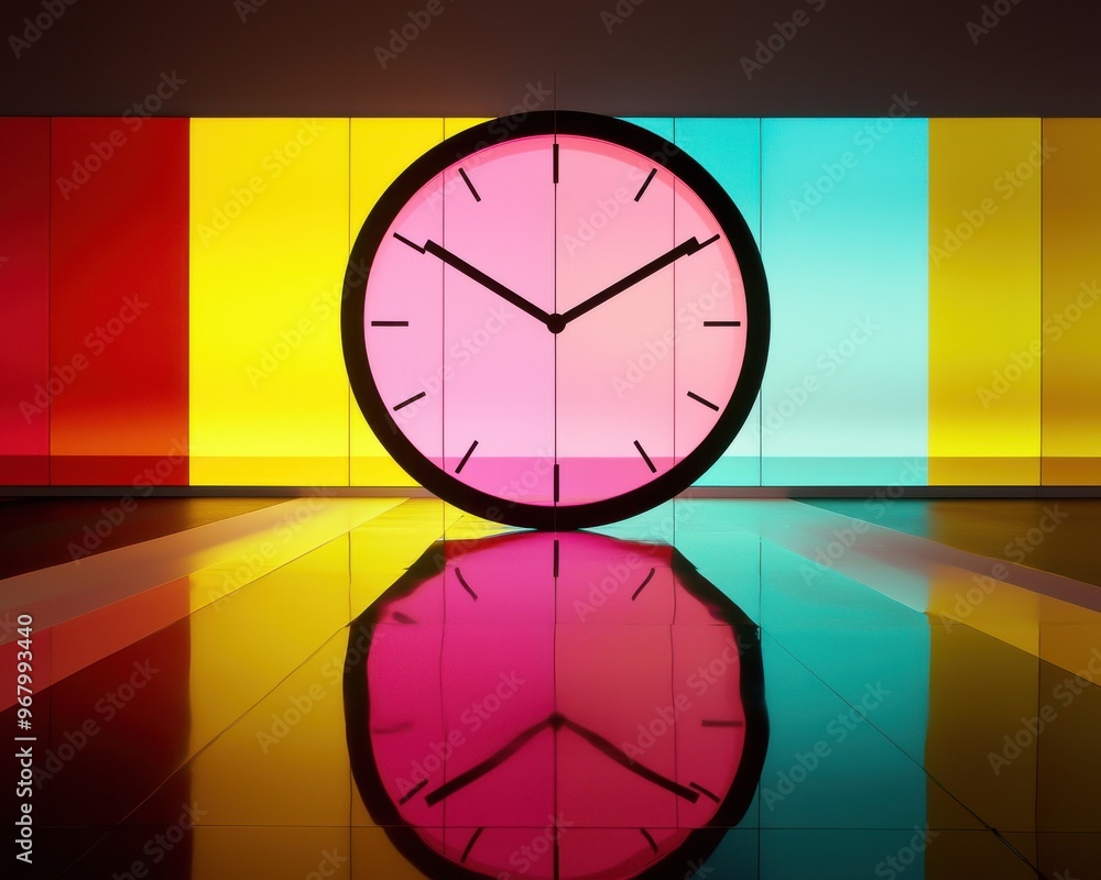 Poster cycle of brightness and darkness: a giant clock with alternating bright and dark sections representi