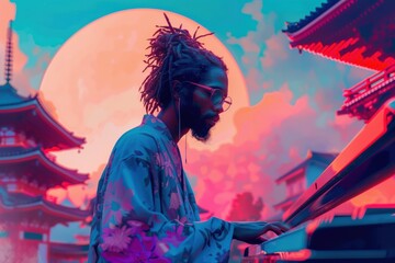 Melodies drifting with the rising moon above a traditional Japanese landscape at dusk