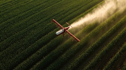 Zoomed-in image of chemical spray from a drone over a field of corn, illustrating the technological shift in farming and its environmental impact
