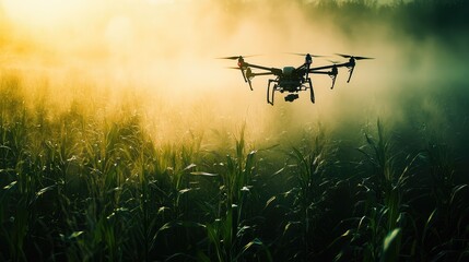 Zoomed-in image of chemical spray from a drone over a field of corn, illustrating the technological shift in farming and its environmental impact