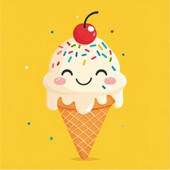 Cute kawaii ice cream cone smiling and melting on yellow background