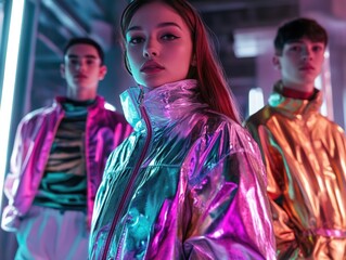 Three young people, dressed in futuristic, colorful fashion, standing together on stage with a modern and trendy vibe.
