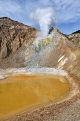 Yellow Sulfur Deposits Surrounding a Bubbling Lake