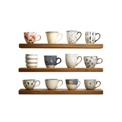 Obraz premium Collection of Colorful Ceramic Mugs on Wooden Shelf