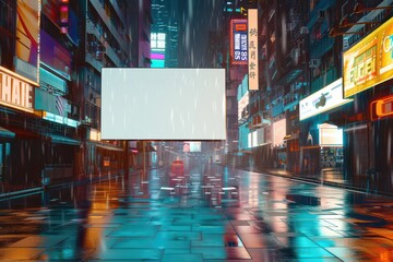 A vibrant urban street scene in the rain with neon lights and a blank billboard, creating a moody atmosphere.