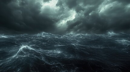 A rough sea under a grey, stormy midnight sky, with clouds swirling overhead and waves crashing violently, a realistic and high-definition shot with natural lighting