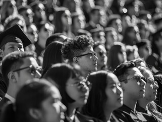 Fototapeta premium A group of students in caps and gowns, with some wearing glasses, at a graduation ceremony. The audience is clapping and cheering for the graduates.