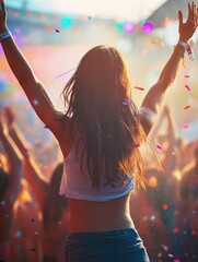 Obraz premium The image captures a vibrant concert scene with a crowd of people enjoying the music and atmosphere. A woman in the center is celebrating