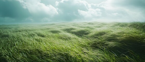 Sweeping wind blowing across an open lush green meadow bending and swaying the tall grass in a dynamic motion under an overcast atmospheric sky