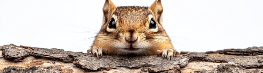 Obraz premium Curious Chipmunk in Log, a full-body portrait of a chipmunk peering out from a log, set against a minimalist white background, showcasing its inquisitive nature.