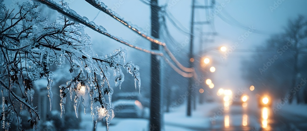 Poster dramatic frozen winter landscape with a layer of ice covering trees and power lines creating a hazar