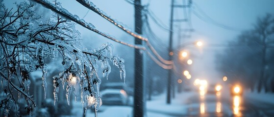 Dramatic frozen winter landscape with a layer of ice covering trees and power lines creating a hazardous yet beautiful scene at dusk in the city
