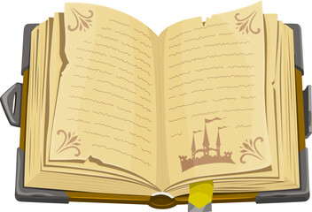 Medieval ancient manuscript or magic spellbook book for game icon, cartoon vector. Wizard mystery of ancient fantasy adventure game icon of Medieval spellbook with spells on paper pages manuscript