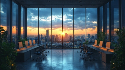 Fototapeta premium Modern office space with a stunning city sunset view.