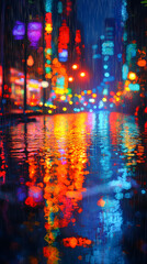 Fototapeta premium Reflections of vibrant city lights on rain soaked street urban night scene glowing neon colors abstract rainy atmosphere with wet reflections and colorful bokeh effects
