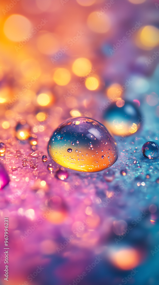 Poster colorful droplets floating in vibrant scene reflecting light with floral background bokeh macro shot