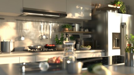 This is a picture of a modern kitchen with stainless steel appliances and fixtures, featuring sleek countertops under bright sunlit conditions. The space is neatly organized